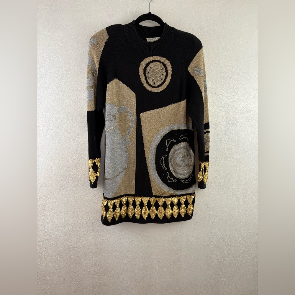 Vintage Semplice Sequin Metallic Front Design Black Sweater size S
